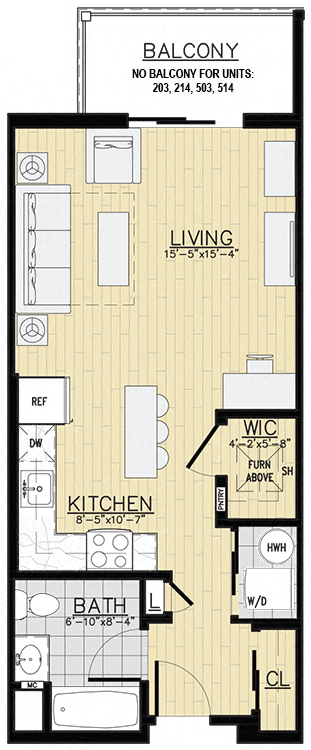 Floor plan for studio, 1 bath, 540 sqft
